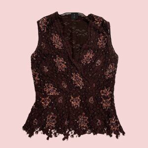 Women's Top "MAG" Brown Sleeveless Lace and Sequins/Beading V-Neck Top Size Smal